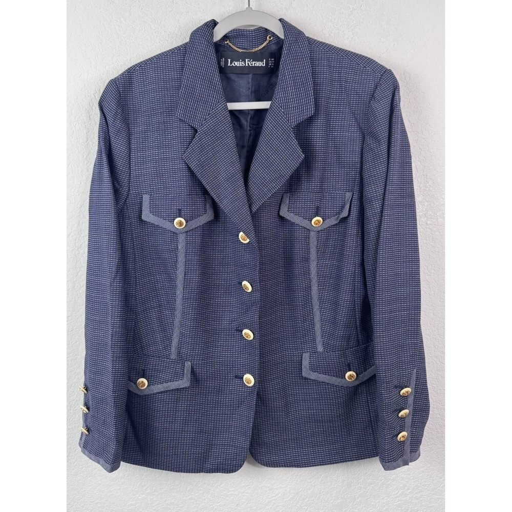 Louis Féraud Blazer Jacket Women's US 14 Navy Textured Gold Buttons Old Money